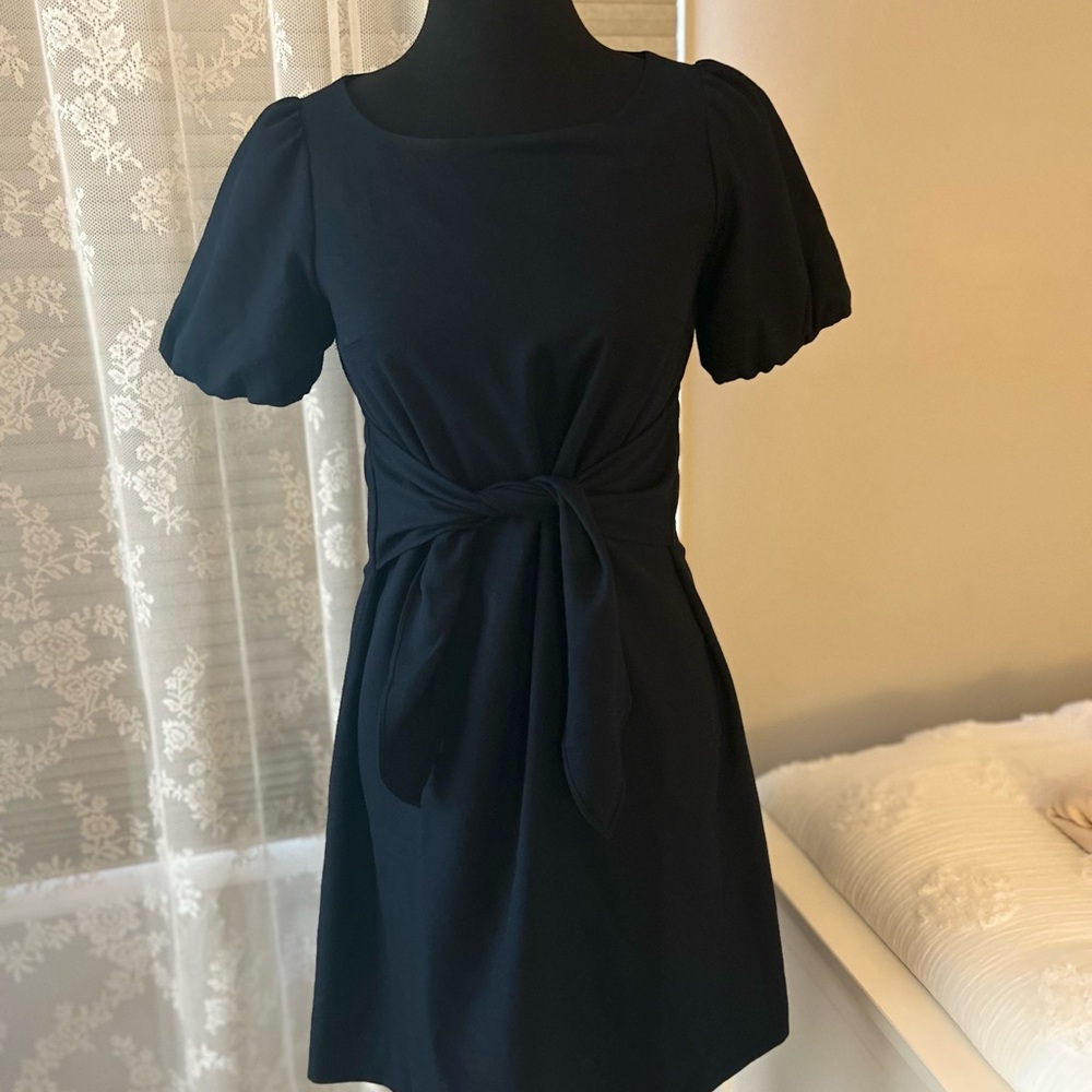 Black short puff sleeve dress with tie waist